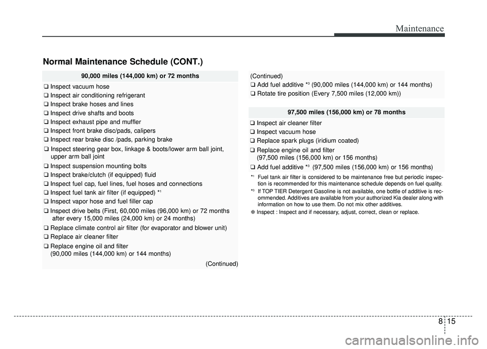 KIA RIO HATCHBACK 2018 Owners Manual 815
Maintenance
Normal Maintenance Schedule (CONT.)
97,500 miles (156,000 km) or 78 months
❑Inspect air cleaner filter
❑Inspect vacuum hose
❑Replace spark plugs (iridium coated)
❑Replace engin KIA RIO HATCHBACK 2018 Owners Manual 815
Maintenance
Normal Maintenance Schedule (CONT.)
97,500 miles (156,000 km) or 78 months
❑Inspect air cleaner filter
❑Inspect vacuum hose
❑Replace spark plugs (iridium coated)
❑Replace engin