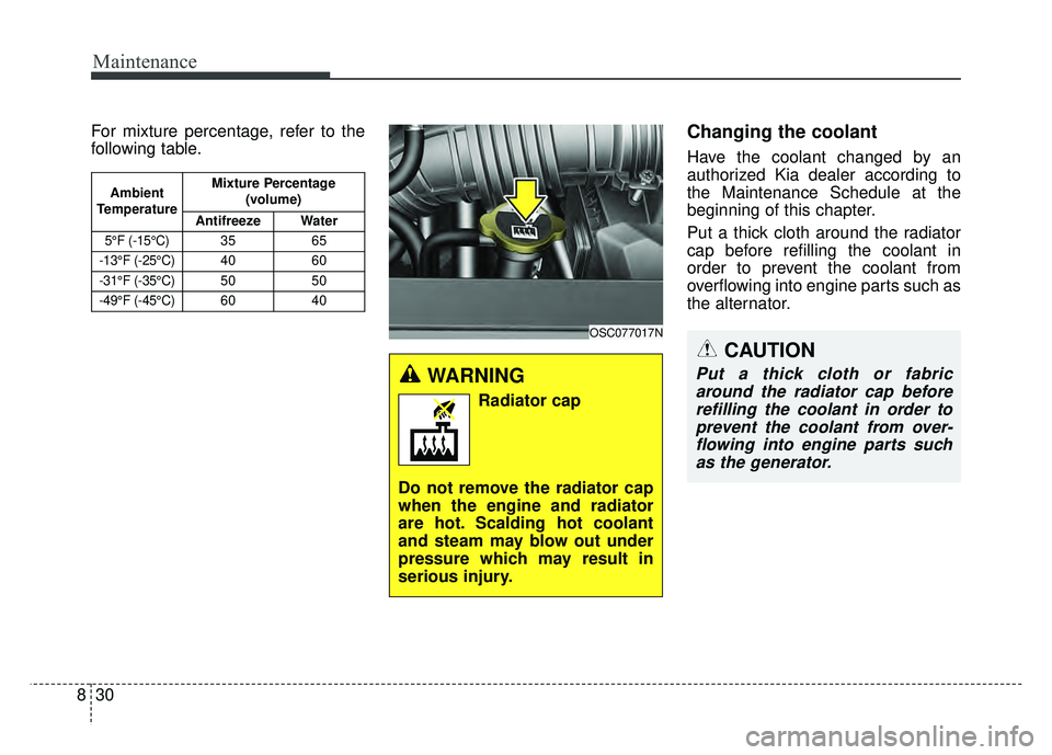 KIA RIO HATCHBACK 2018 Owners Manual Maintenance
30
8
For mixture percentage, refer to the
following table.Changing the coolant
Have the coolant changed by an
authorized Kia dealer according to
the Maintenance Schedule at the
beginning o KIA RIO HATCHBACK 2018 Owners Manual Maintenance
30
8
For mixture percentage, refer to the
following table.Changing the coolant
Have the coolant changed by an
authorized Kia dealer according to
the Maintenance Schedule at the
beginning o