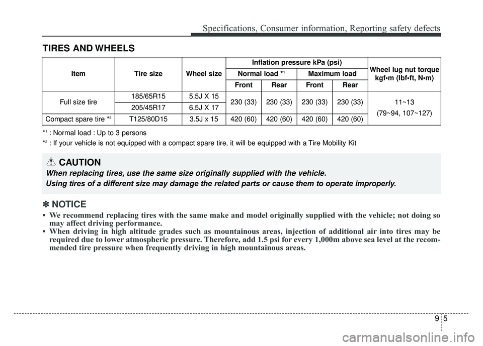 KIA RIO HATCHBACK 2018 Owners Manual 95
Specifications, Consumer information, Reporting safety defects
TIRES AND WHEELS
CAUTION
When replacing tires, use the same size originally supplied with the vehicle.
Using tires of a different size KIA RIO HATCHBACK 2018 Owners Manual 95
Specifications, Consumer information, Reporting safety defects
TIRES AND WHEELS
CAUTION
When replacing tires, use the same size originally supplied with the vehicle.
Using tires of a different size