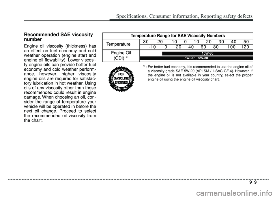 KIA RIO HATCHBACK 2018 Owners Manual 99
Specifications, Consumer information, Reporting safety defects
Recommended SAE viscosity
number
Engine oil viscosity (thickness) has
an effect on fuel economy and cold
weather operation (engine KIA RIO HATCHBACK 2018 Owners Manual 99
Specifications, Consumer information, Reporting safety defects
Recommended SAE viscosity
number
Engine oil viscosity (thickness) has
an effect on fuel economy and cold
weather operation (engine