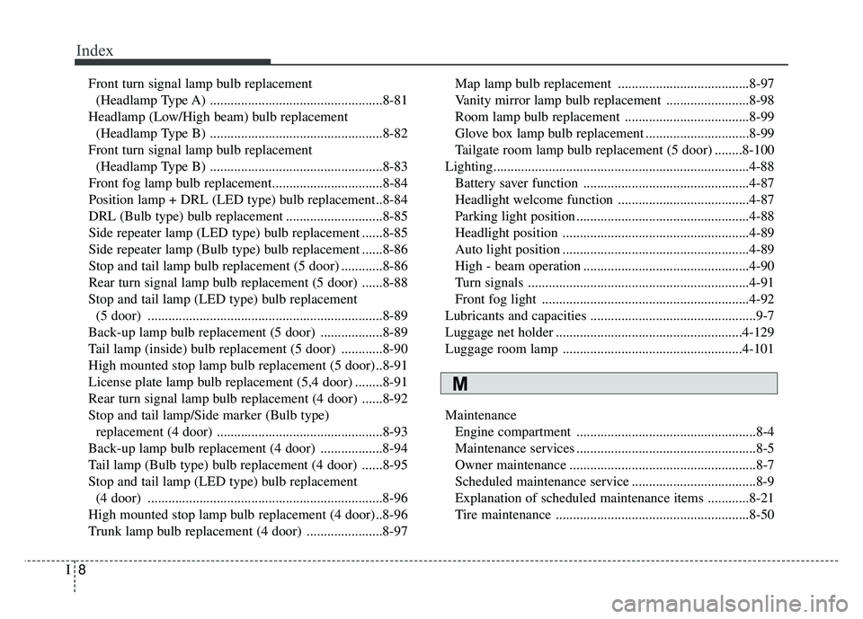 KIA RIO HATCHBACK 2018  Owners Manual Index
8I
Front turn signal lamp bulb replacement (Headlamp Type A) ..................................................8-81
Headlamp (Low/High beam) bulb replacement  (Headlamp Type B) .................