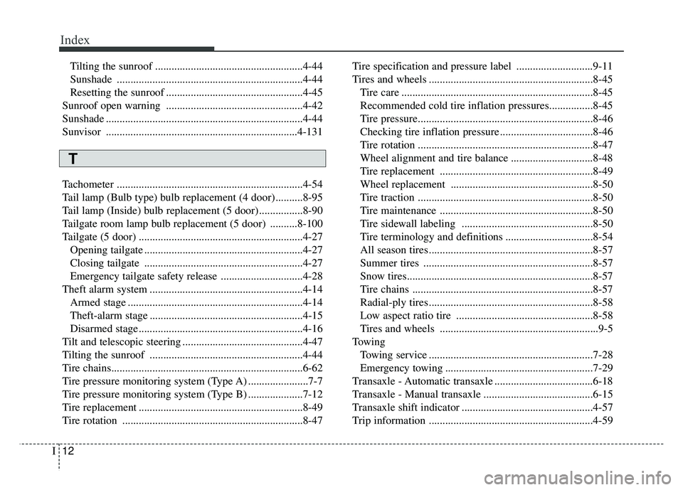 KIA RIO HATCHBACK 2018  Owners Manual Index
12I
Tilting the sunroof ......................................................4-44
Sunshade ....................................................................4-44\
Resetting the sunroof .....