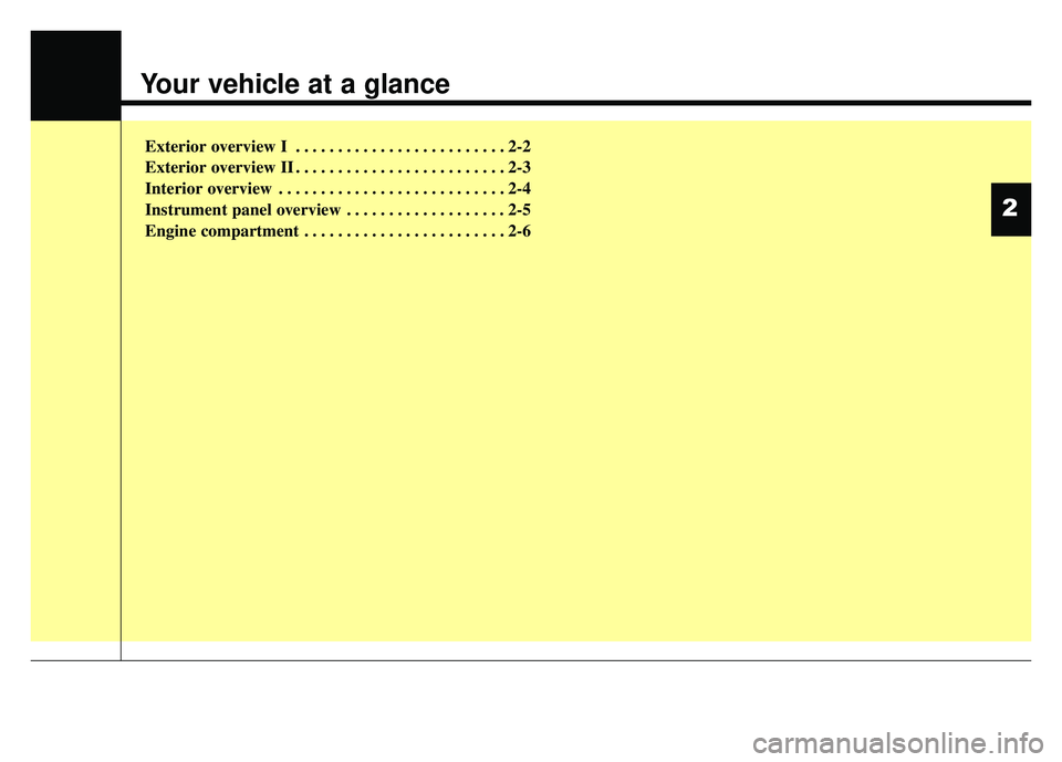 KIA RIO HATCHBACK 2016 User Guide Your vehicle at a glance
Exterior overview I . . . . . . . . . . . . . . . . . . . . . . . . . 2-2
Exterior overview II . . . . . . . . . . . . . . . . . . . . . . . . . 2-3
Interior overview . . . . 