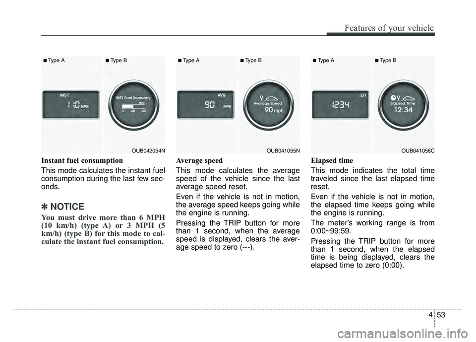 KIA RIO HATCHBACK 2016 Owners Manual 453
Features of your vehicle
Instant fuel consumption
This mode calculates the instant fuel
consumption during the last few sec-
onds.
✽ ✽
NOTICE
You must drive more than 6 MPH
(10 km/h) (type KIA RIO HATCHBACK 2016 Owners Manual 453
Features of your vehicle
Instant fuel consumption
This mode calculates the instant fuel
consumption during the last few sec-
onds.
✽ ✽
NOTICE
You must drive more than 6 MPH
(10 km/h) (type