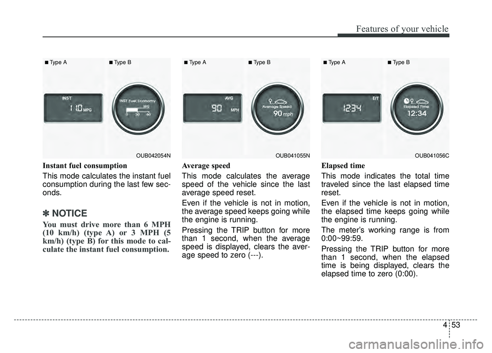 KIA RIO HATCHBACK 2016  Owners Manual 453
Features of your vehicle
Instant fuel consumption
This mode calculates the instant fuel
consumption during the last few sec-
onds.
✽ ✽ 
 
NOTICE
You must drive more than 6 MPH
(10 km/h) (type 