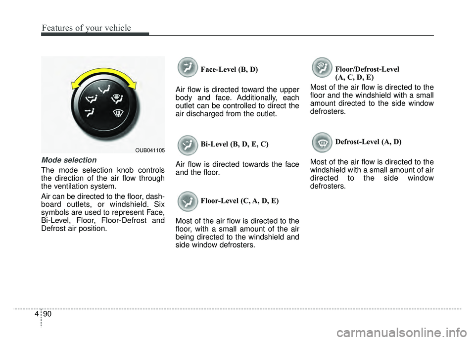 KIA RIO HATCHBACK 2016 Owners Manual Features of your vehicle
90
4
Mode selection
The mode selection knob controls
the direction of the air flow through
the ventilation system.
Air can be directed to the floor, dash-
board outlets, or wi KIA RIO HATCHBACK 2016 Owners Manual Features of your vehicle
90
4
Mode selection
The mode selection knob controls
the direction of the air flow through
the ventilation system.
Air can be directed to the floor, dash-
board outlets, or wi