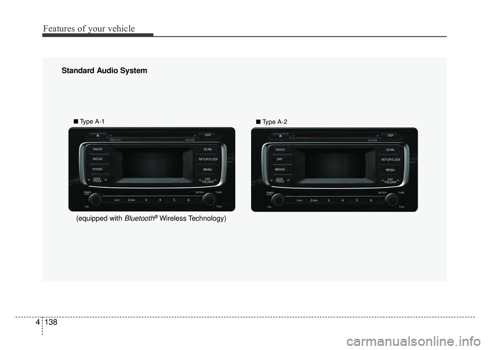 KIA RIO HATCHBACK 2016  Owners Manual Features of your vehicle
138
4
Standard Audio System
■ Type A-1
■Type A-2
(equipped with Bluetooth®Wireless Technology) 