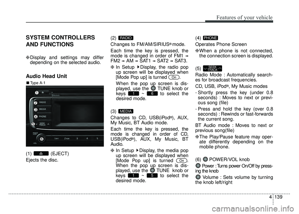 KIA RIO HATCHBACK 2016 Owners Manual Features of your vehicle
4139
SYSTEM CONTROLLERS
AND FUNCTIONS
❈Display and settings may differ
depending on the selected audio.
Audio Head Unit
(1) (EJECT)
Ejects the disc. (2)
Changes to FM/AM/SI KIA RIO HATCHBACK 2016 Owners Manual Features of your vehicle
4139
SYSTEM CONTROLLERS
AND FUNCTIONS
❈Display and settings may differ
depending on the selected audio.
Audio Head Unit
(1) (EJECT)
Ejects the disc. (2)
Changes to FM/AM/SI