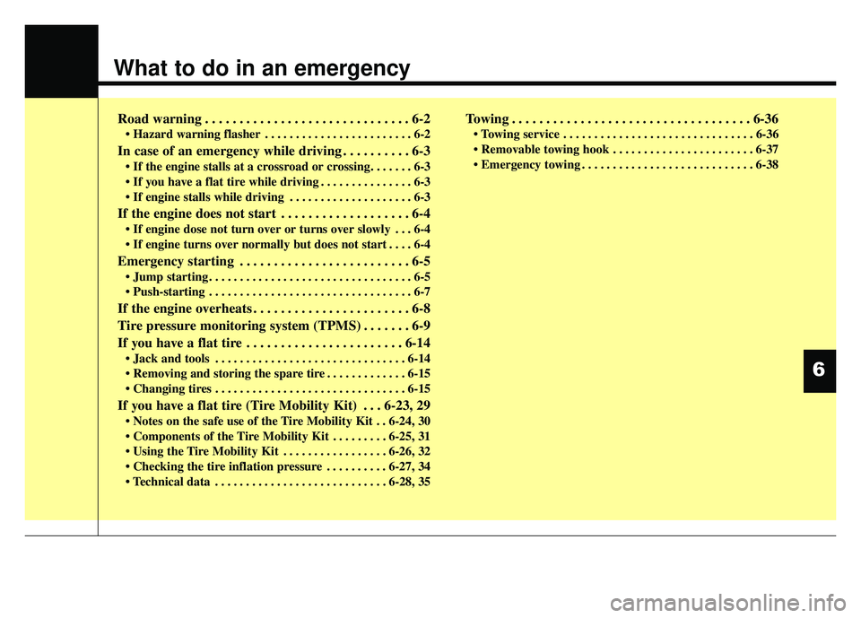 KIA RIO HATCHBACK 2016  Owners Manual What to do in an emergency
Road warning . . . . . . . . . . . . . . . . . . . . . . . . . . . . . . 6-2
• Hazard warning flasher . . . . . . . . . . . . . . . . . . . . . . . . 6-2
In case of an eme