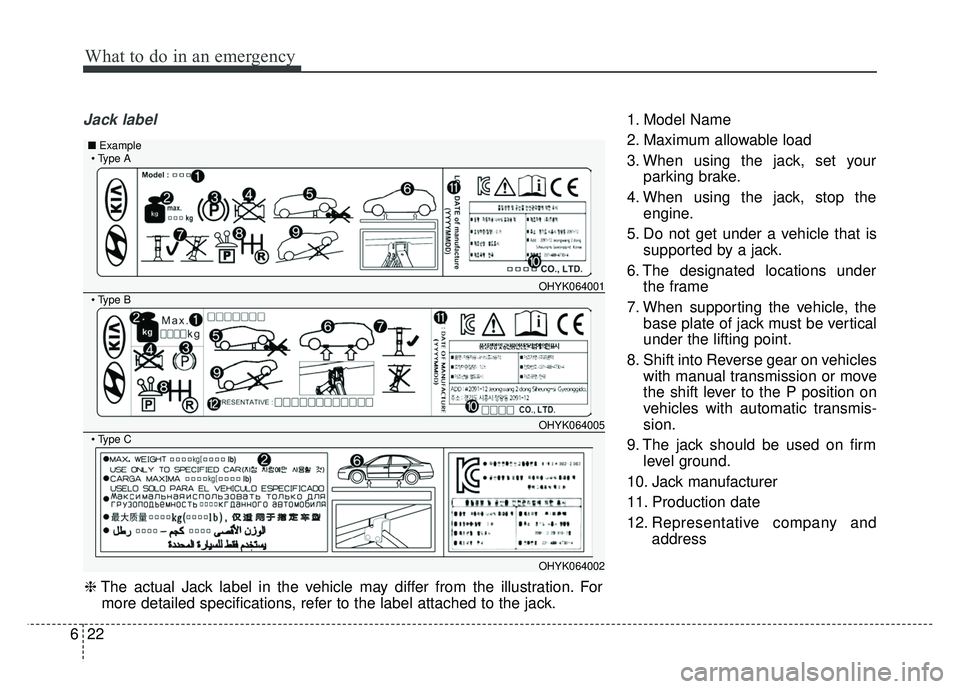KIA RIO HATCHBACK 2016 Owners Manual What to do in an emergency
22
6
Jack label1. Model Name
2. Maximum allowable load
3. When using the jack, set your
parking brake.
4. When using the jack, stop the engine.
5. Do not get under a vehicle KIA RIO HATCHBACK 2016 Owners Manual What to do in an emergency
22
6
Jack label1. Model Name
2. Maximum allowable load
3. When using the jack, set your
parking brake.
4. When using the jack, stop the engine.
5. Do not get under a vehicle