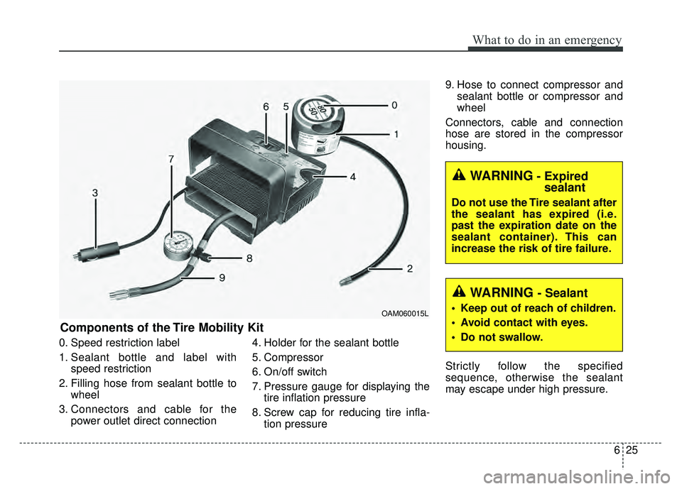 KIA RIO HATCHBACK 2016 Owners Manual 625
What to do in an emergency
0. Speed restriction label
1. Sealant bottle and label withspeed restriction
2. Filling hose from sealant bottle to wheel
3. Connectors and cable for the power outlet di KIA RIO HATCHBACK 2016 Owners Manual 625
What to do in an emergency
0. Speed restriction label
1. Sealant bottle and label withspeed restriction
2. Filling hose from sealant bottle to wheel
3. Connectors and cable for the power outlet di