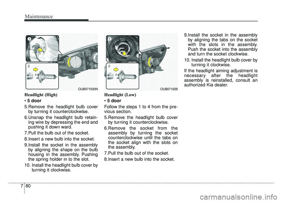 KIA RIO HATCHBACK 2016 Owners Manual Maintenance
80
7
Headlight (High)
5 door
5.Remove the headlight bulb cover by turning it counterclockwise.
6.Unsnap the headlight bulb retain- ing wire by depressing the end and
pushing it down ward. KIA RIO HATCHBACK 2016 Owners Manual Maintenance
80
7
Headlight (High)
5 door
5.Remove the headlight bulb cover by turning it counterclockwise.
6.Unsnap the headlight bulb retain- ing wire by depressing the end and
pushing it down ward.