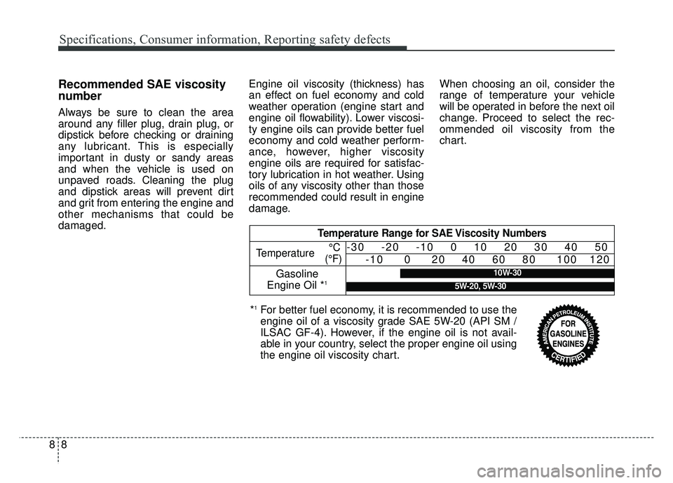 KIA RIO HATCHBACK 2016 Owners Manual Specifications, Consumer information, Reporting safety defects
88
Recommended SAE viscosity
number
Always be sure to clean the area
around any filler plug, drain plug, or
dipstick before checking o KIA RIO HATCHBACK 2016 Owners Manual Specifications, Consumer information, Reporting safety defects
88
Recommended SAE viscosity
number
Always be sure to clean the area
around any filler plug, drain plug, or
dipstick before checking o