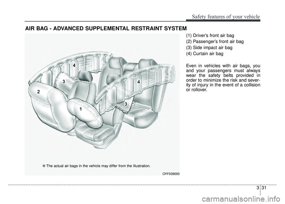 KIA RIO HATCHBACK 2016 Service Manual 331
Safety features of your vehicle
(1) Driver’s front air bag
(2) Passenger’s front air bag
(3) Side impact air bag
(4) Curtain air bag
Even in vehicles with air bags, you
and your passengers mus