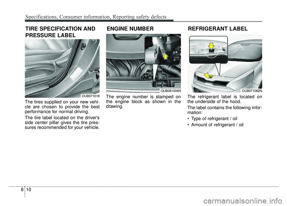 KIA RIO HATCHBACK 2016 Owners Manual Specifications, Consumer information, Reporting safety defects
10
8
The tires supplied on your new vehi-
cle are chosen to provide the best
performance for normal driving.
The tire label located on th KIA RIO HATCHBACK 2016 Owners Manual Specifications, Consumer information, Reporting safety defects
10
8
The tires supplied on your new vehi-
cle are chosen to provide the best
performance for normal driving.
The tire label located on th