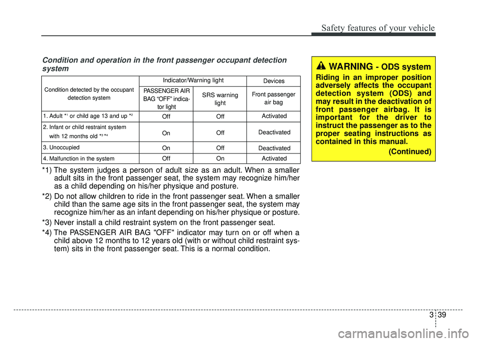 KIA RIO HATCHBACK 2016  Owners Manual 339
Safety features of your vehicle
WARNING - ODS system
Riding in an improper position
adversely affects the occupant
detection system (ODS) and
may result in the deactivation of
front passenger airb