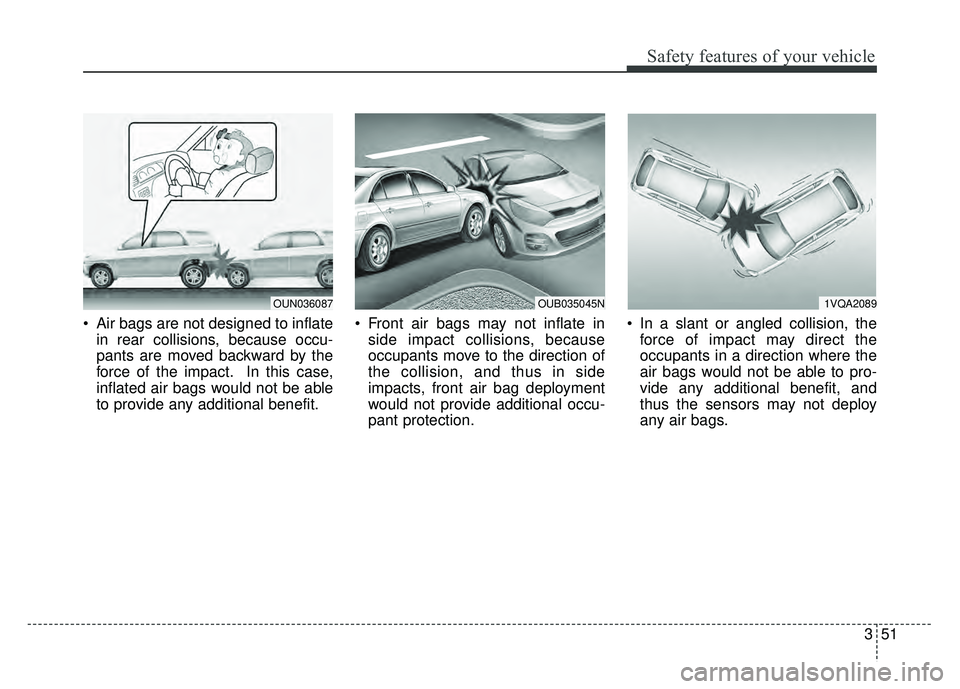 KIA RIO HATCHBACK 2016 Repair Manual 351
Safety features of your vehicle
Air bags are not designed to inflatein rear collisions, because occu-
pants are moved backward by the
force of the impact. In this case,
inflated air bags would no KIA RIO HATCHBACK 2016 Repair Manual 351
Safety features of your vehicle
Air bags are not designed to inflatein rear collisions, because occu-
pants are moved backward by the
force of the impact. In this case,
inflated air bags would no