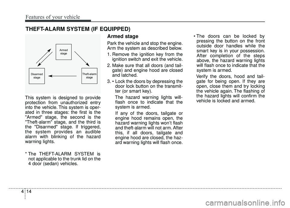 KIA RIO HATCHBACK 2016  Owners Manual Features of your vehicle
14
4
This system is designed to provide
protection from unauthorized entry
into the vehicle. This system is oper-
ated in three stages: the first is the
"Armed" stage, the sec