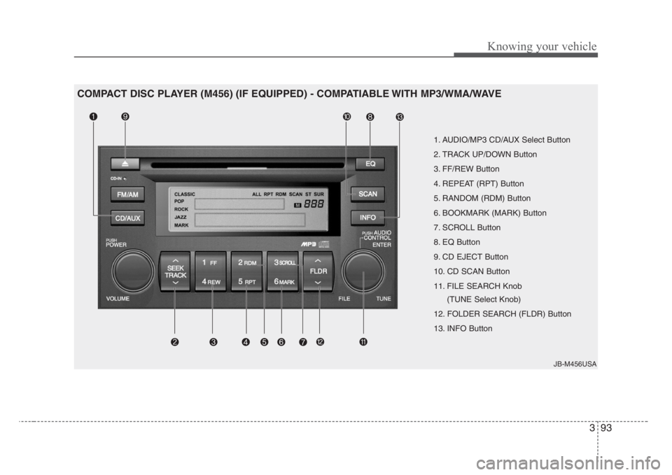 KIA RIO HATCHBACK 2008 Owners Manual 393
Knowing your vehicle
1. AUDIO/MP3 CD/AUX Select Button
2. TRACK UP/DOWN Button
3. FF/REW Button
4. REPEAT (RPT) Button
5. RANDOM (RDM) Button
6. BOOKMARK (MARK) Button
7. SCROLL Button
8. EQ Butto KIA RIO HATCHBACK 2008 Owners Manual 393
Knowing your vehicle
1. AUDIO/MP3 CD/AUX Select Button
2. TRACK UP/DOWN Button
3. FF/REW Button
4. REPEAT (RPT) Button
5. RANDOM (RDM) Button
6. BOOKMARK (MARK) Button
7. SCROLL Button
8. EQ Butto