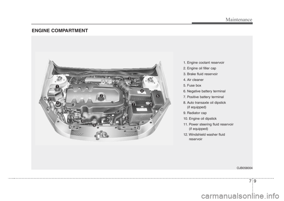 KIA RIO HATCHBACK 2008 Owners Manual 79
Maintenance
ENGINE COMPARTMENT
OJB058004
1. Engine coolant reservoir
2. Engine oil filler cap
3. Brake fluid reservoir
4. Air cleaner
5. Fuse box
6. Negative battery terminal
7. Positive battery t KIA RIO HATCHBACK 2008 Owners Manual 79
Maintenance
ENGINE COMPARTMENT
OJB058004
1. Engine coolant reservoir
2. Engine oil filler cap
3. Brake fluid reservoir
4. Air cleaner
5. Fuse box
6. Negative battery terminal
7. Positive battery t