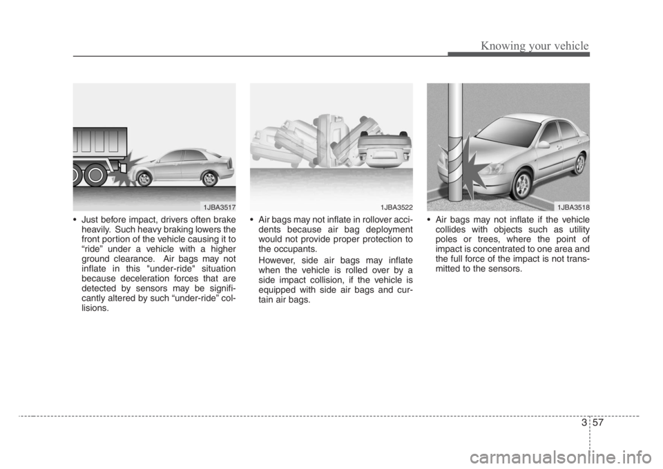 KIA RIO HATCHBACK 2008 Owners Manual 357
Knowing your vehicle
• Just before impact, drivers often brake
heavily. Such heavy braking lowers the
front portion of the vehicle causing it to
“ride” under a vehicle with a higher
ground c KIA RIO HATCHBACK 2008 Owners Manual 357
Knowing your vehicle
• Just before impact, drivers often brake
heavily. Such heavy braking lowers the
front portion of the vehicle causing it to
“ride” under a vehicle with a higher
ground c