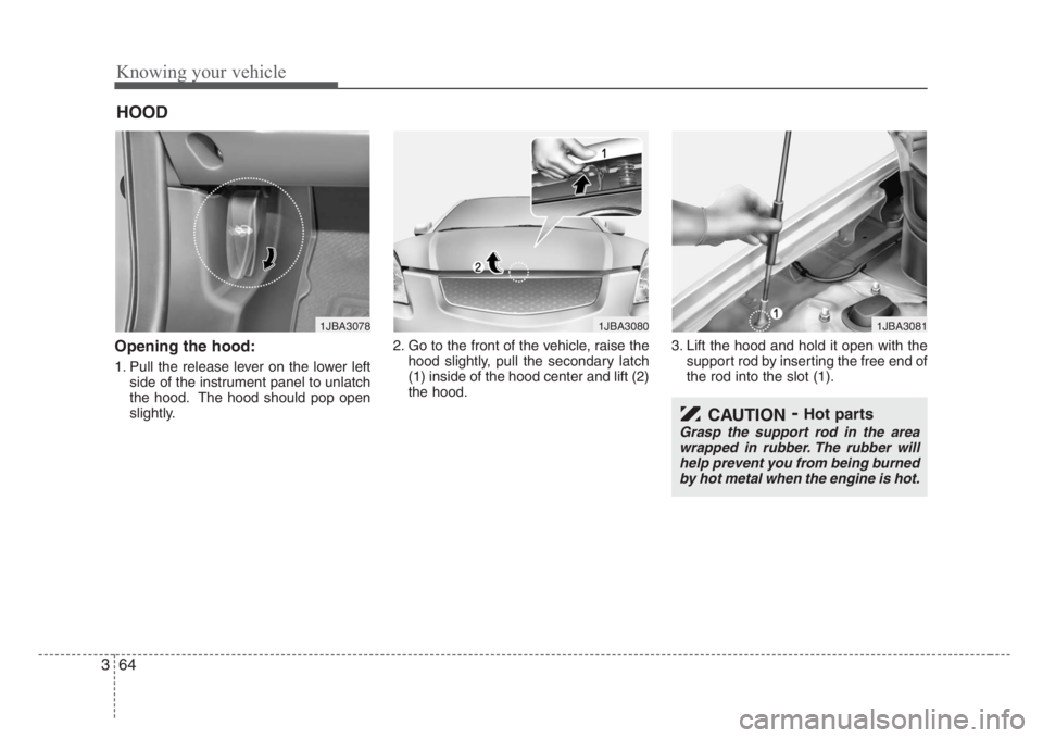 KIA RIO HATCHBACK 2008 Manual PDF Knowing your vehicle
64 3
Opening the hood:
1. Pull the release lever on the lower left
side of the instrument panel to unlatch
the hood. The hood should pop open
slightly.2. Go to the front of the ve
