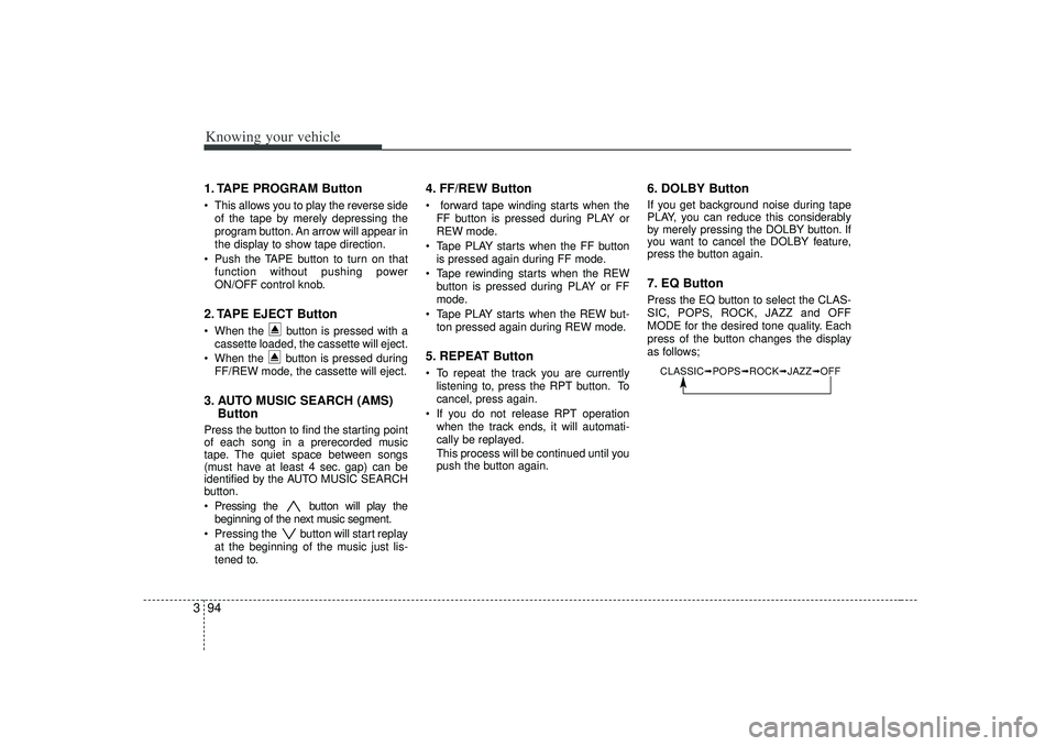 KIA RIO HATCHBACK 2007  Owners Manual Knowing your vehicle94
31. TAPE PROGRAM Button This allows you to play the reverse side
of the tape by merely depressing the
program button. An arrow will appear in
the display to show tape direction