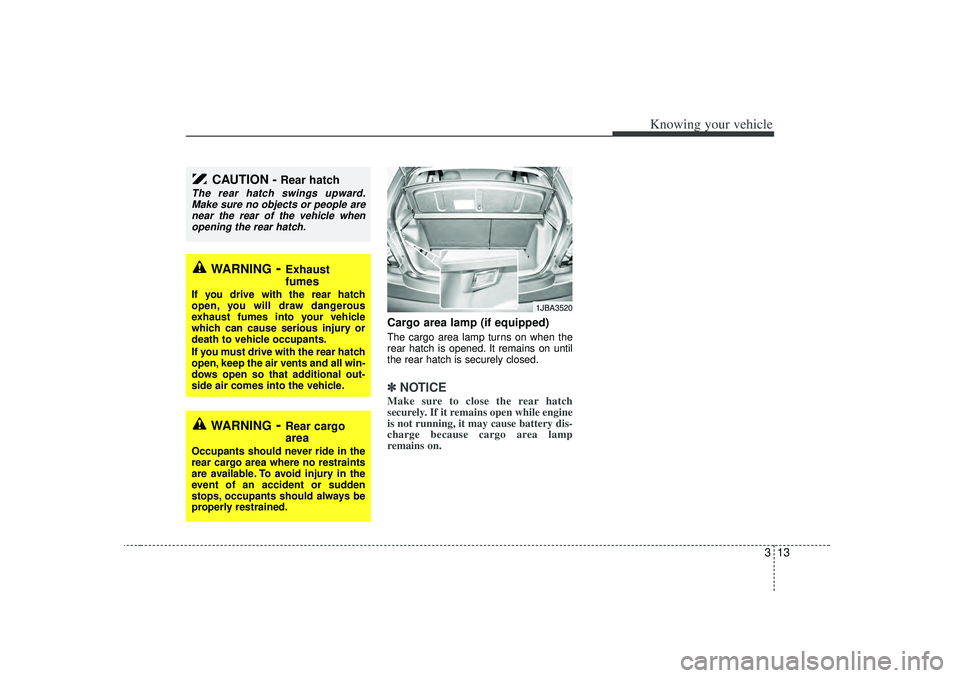 KIA RIO HATCHBACK 2007 Owners Manual 313
Knowing your vehicle
Cargo area lamp (if equipped)The cargo area lamp turns on when the
rear hatch is opened. It remains on until
the rear hatch is securely closed.✽ ✽NOTICEMake sure to close 