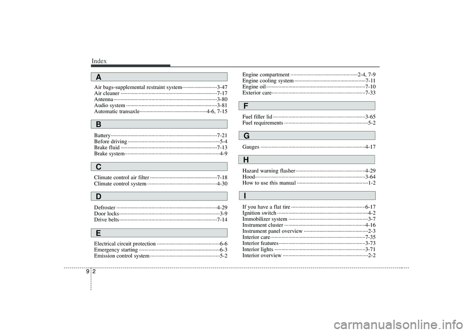 KIA RIO HATCHBACK 2007 Owners Manual Index29Air bags-supplemental restraint system··················\
·······3-47
Air cleaner ··················\
··················\
····· KIA RIO HATCHBACK 2007 Owners Manual Index29Air bags-supplemental restraint system··················\
·······3-47
Air cleaner ··················\
··················\
·····