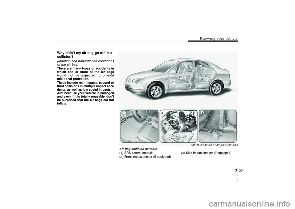 KIA RIO HATCHBACK 2007  Owners Manual 353
Knowing your vehicle
Why didn’t my air bag go off in a
collision? (Inflation and non-inflation conditionsof the air bag)There are many types of accidents in
which one or more of the air bags
wou