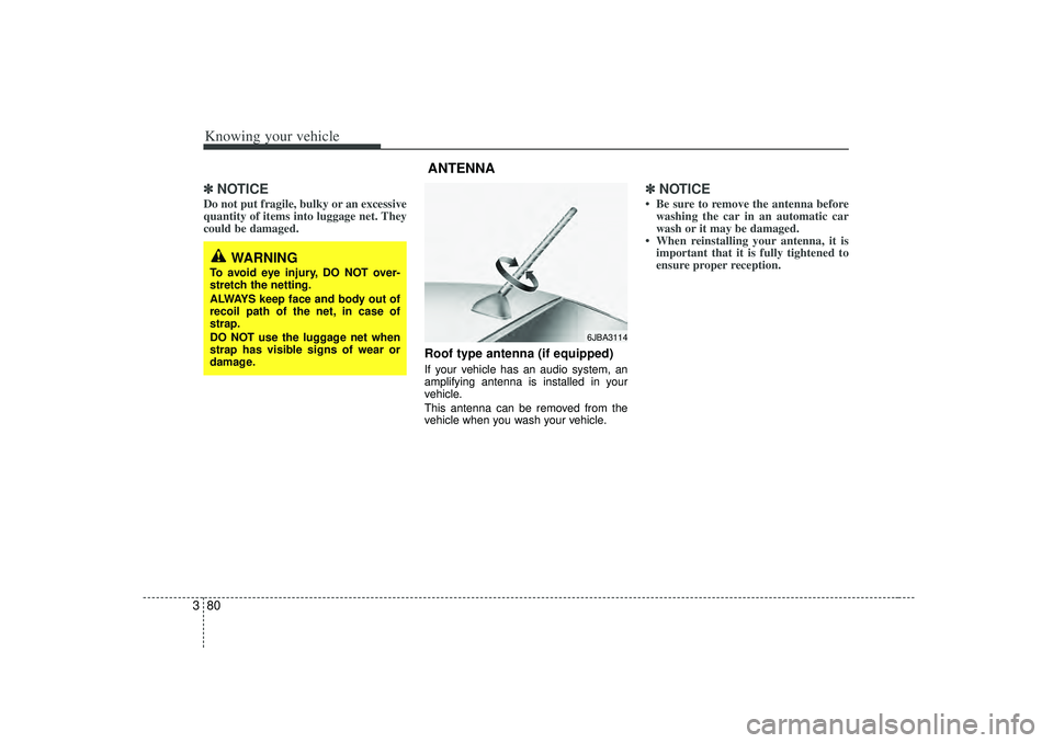 KIA RIO HATCHBACK 2007  Owners Manual Knowing your vehicle80
3✽
✽
NOTICEDo not put fragile, bulky or an excessive
quantity of items into luggage net. They
could be damaged.
Roof type antenna (if equipped)If your vehicle has an audio s