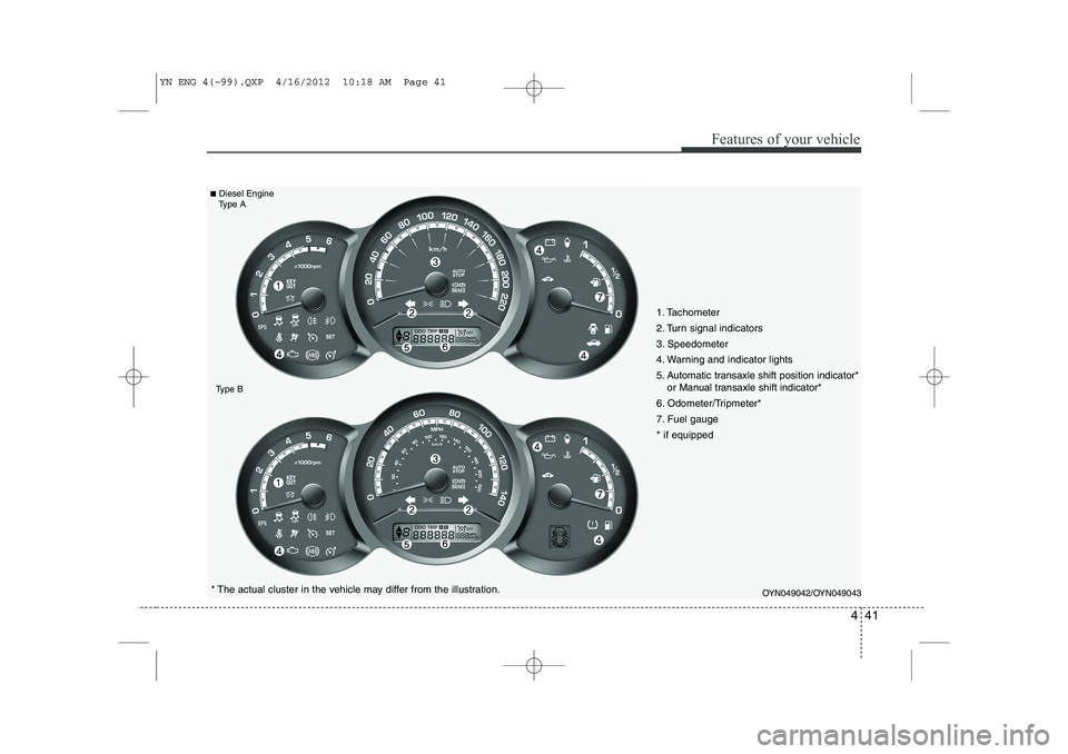 KIA VENGA 2013  Owners Manual 441
Features of your vehicle
OYN049042/OYN049043* The actual cluster in the vehicle may differ from the illustration.
■
Diesel Engine
Type A
Type B
1. Tachometer  
2. Turn signal indicators
3. Speed