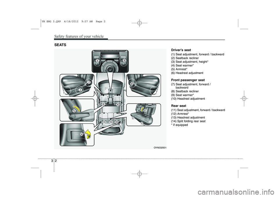 KIA VENGA 2013 User Guide Safety features of your vehicle
2
3
Driver’s seat
(1) Seat adjustment, forward / backward
(2) Seatback recliner
(3) Seat adjustment, height*
(4) Seat warmer*
(5) Armrest*
(6) Headrest adjustment
KIA VENGA 2013 User Guide Safety features of your vehicle
2
3
Driver’s seat
(1) Seat adjustment, forward / backward
(2) Seatback recliner
(3) Seat adjustment, height*
(4) Seat warmer*
(5) Armrest*
(6) Headrest adjustment