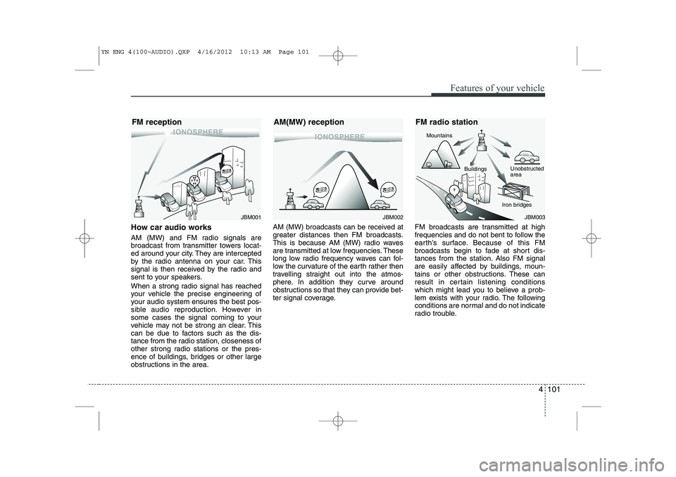 KIA VENGA 2013  Owners Manual 4 101
Features of your vehicle
How car audio works 
AM (MW) and FM radio signals are 
broadcast from transmitter towers locat-
ed around your city. They are intercepted
by the radio antenna on your ca