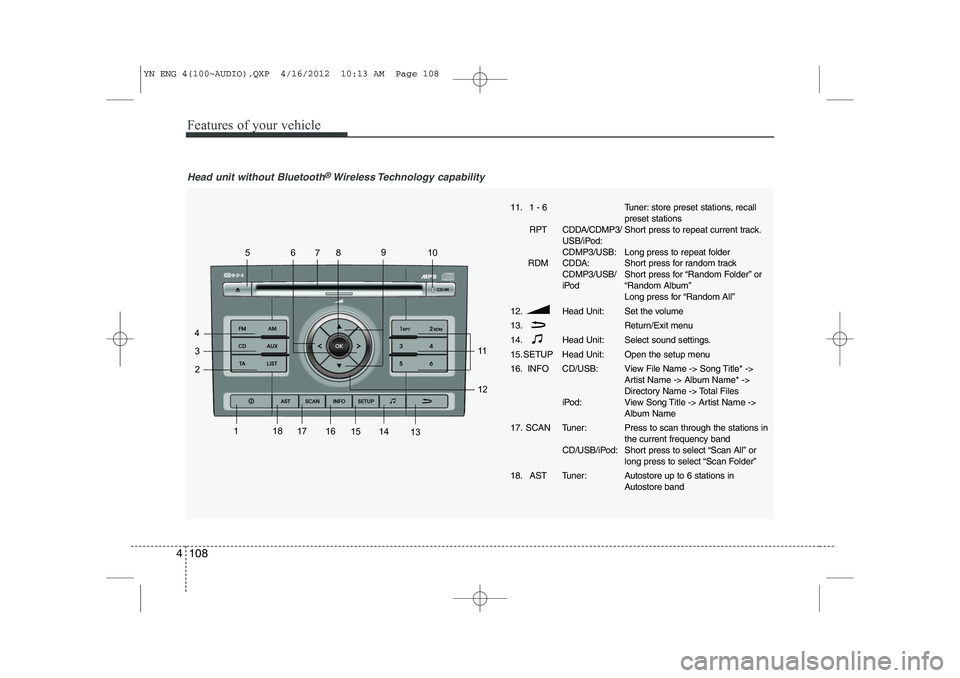 KIA VENGA 2013  Owners Manual Features of your vehicle
108
4
1
2
3
4 56
78 9
10
11 12
13
14
15
1617
18
Head unit without Bluetooth®Wireless Technology  capability
11. 1 - 6
RPT CDDA/CDMP3/ USB/iPod: CDMP3/USB:
RDM CDDA: CDMP3/USB