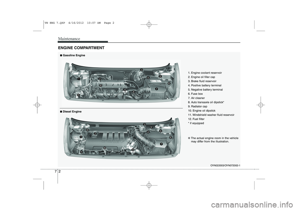 KIA VENGA 2013  Owners Manual Maintenance
2
7
ENGINE COMPARTMENT 
OYN022003/OYN072002-1
1. Engine coolant reservoir 
2. Engine oil filler cap
3. Brake fluid reservoir
4. Positive battery terminal
5. Negative battery terminal
6. Fu