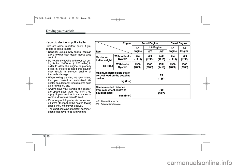 KIA VENGA 2013 Owners Manual Driving your vehicle
58
5
If you do decide to pull a trailer
Here are some important points if you
decide to pull a trailer:
Consider using a sway control. You can
ask a towbar hitch dealer about KIA VENGA 2013 Owners Manual Driving your vehicle
58
5
If you do decide to pull a trailer
Here are some important points if you
decide to pull a trailer:
Consider using a sway control. You can
ask a towbar hitch dealer about
