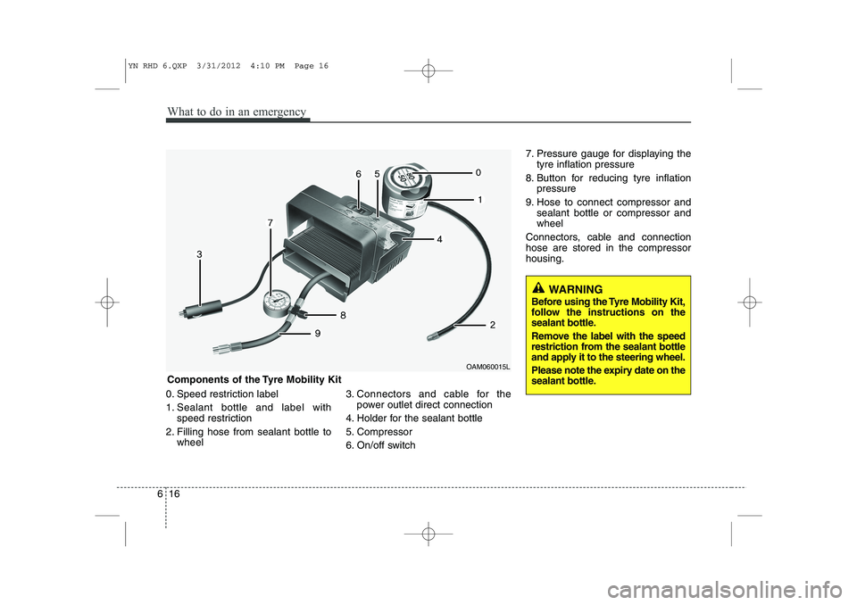 KIA VENGA 2013 Owners Manual What to do in an emergency
16
6
0. Speed restriction label
1. Sealant bottle and label with
speed restriction
2. Filling hose from sealant bottle to wheel 3. Connectors and cable for the
power outlet KIA VENGA 2013 Owners Manual What to do in an emergency
16
6
0. Speed restriction label
1. Sealant bottle and label with
speed restriction
2. Filling hose from sealant bottle to wheel 3. Connectors and cable for the
power outlet