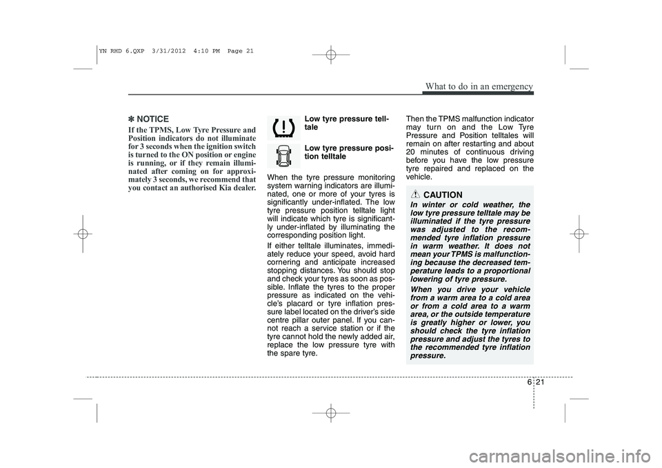 KIA VENGA 2013  Owners Manual 621
What to do in an emergency
✽✽NOTICE
If the TPMS, Low Tyre Pressure and Position indicators do not illuminate
for 3 seconds when the ignition switch
is turned to the ON position or engine
is ru