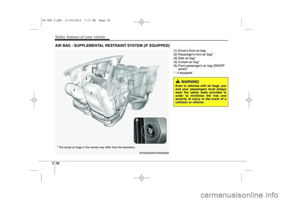 KIA VENGA 2015 Owners Manual Safety features of your vehicle
38
3
(1) Driver’s front air bag
(2) Passenger’s front air bag*(3) Side air bag*
(4) Curtain air bag*
(5) Front passenger’s air bag ON/OFF
switch*
* : if equipped KIA VENGA 2015 Owners Manual Safety features of your vehicle
38
3
(1) Driver’s front air bag
(2) Passenger’s front air bag*(3) Side air bag*
(4) Curtain air bag*
(5) Front passenger’s air bag ON/OFF
switch*
* : if equipped