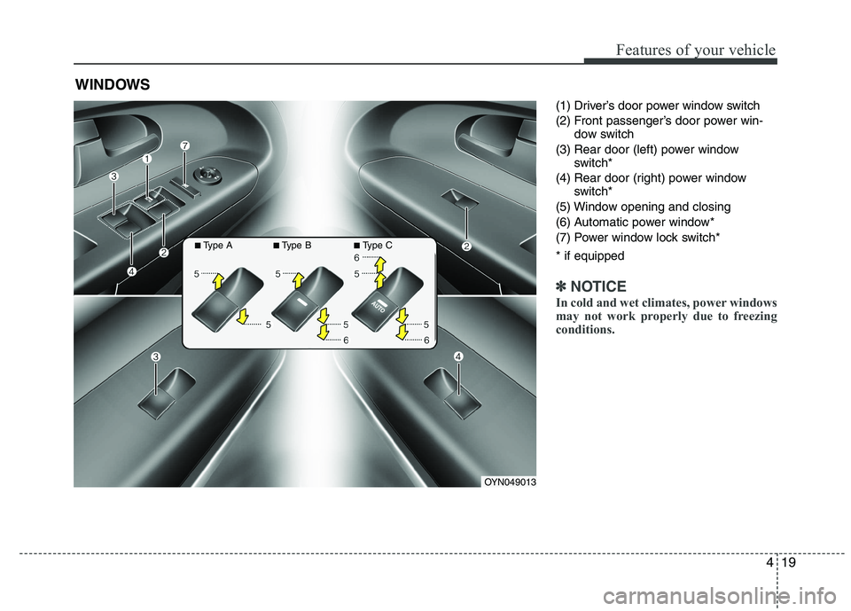 KIA VENGA 2015  Owners Manual 419
Features of your vehicle
(1) Driver’s door power window switch 
(2) Front passenger’s door power win-dow switch
(3) Rear door (left) power window switch*
(4) Rear door (right) power window swi