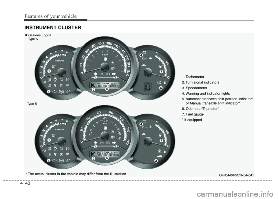 KIA VENGA 2015  Owners Manual Features of your vehicle
40
4
INSTRUMENT CLUSTER
OYN044040/OYN044041* The actual cluster in the vehicle may differ from the illustration.
■
Gasoline Engine
Type A
Type B
1. Tachometer  
2. Turn sign