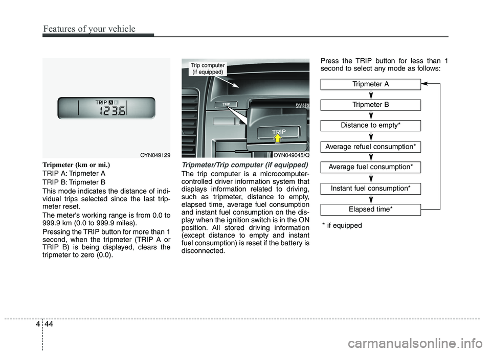 KIA VENGA 2015  Owners Manual Features of your vehicle
44
4
Tripmeter (km or mi.) 
TRIP A: Tripmeter A
TRIP B: Tripmeter BThis mode indicates the distance of indi- 
vidual trips selected since the last trip-meter reset. 
The meter