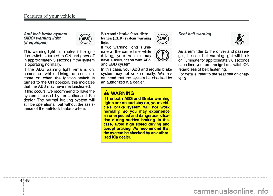 KIA VENGA 2015  Owners Manual Features of your vehicle
48
4
Anti-lock brake system
(ABS) warning light (if equipped)
This warning light illuminates if the igni- 
tion switch is turned to ON and goes off
in approximately 3 seconds 