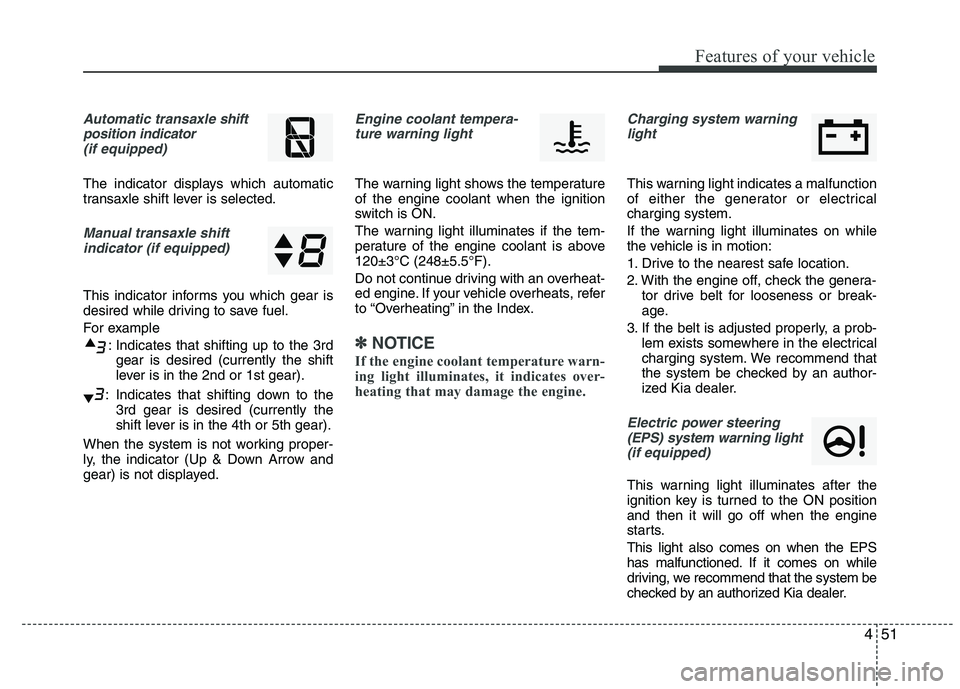 KIA VENGA 2015  Owners Manual 451
Features of your vehicle
Automatic transaxle shift
position indicator  (if equipped)
The indicator displays which automatic 
transaxle shift lever is selected.
Manual transaxle shiftindicator (if 