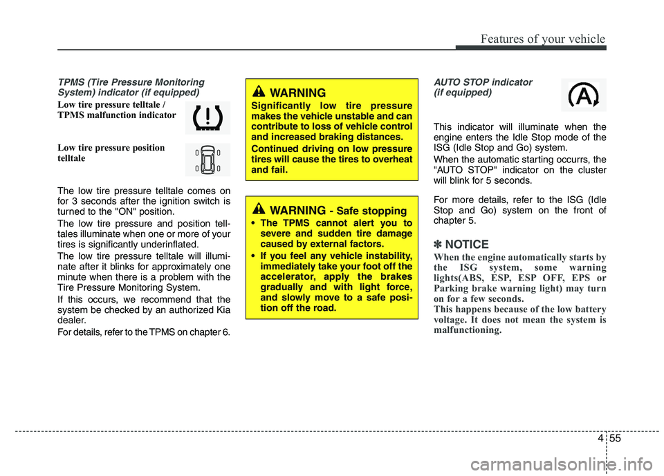 KIA VENGA 2015  Owners Manual 455
Features of your vehicle
TPMS (Tire Pressure MonitoringSystem) indicator (if equipped)
Low tire pressure telltale / 
TPMS malfunction indicator 
Low tire pressure position  
telltale 
The low tire