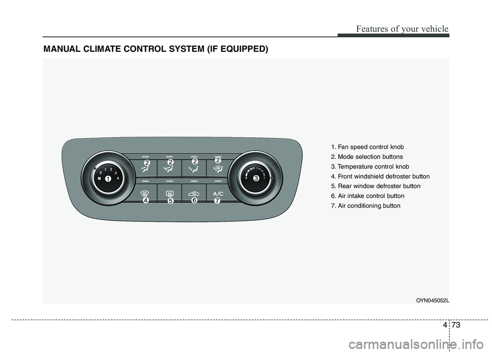 KIA VENGA 2015 Owners Manual 473
Features of your vehicle
MANUAL CLIMATE CONTROL SYSTEM (IF EQUIPPED)
OYN045052L
1. Fan speed control knob
2. Mode selection buttons
3. Temperature control knob
4. Front windshield defroster butto KIA VENGA 2015 Owners Manual 473
Features of your vehicle
MANUAL CLIMATE CONTROL SYSTEM (IF EQUIPPED)
OYN045052L
1. Fan speed control knob
2. Mode selection buttons
3. Temperature control knob
4. Front windshield defroster butto