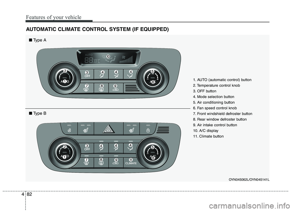 KIA VENGA 2015  Owners Manual Features of your vehicle
82
4
AUTOMATIC CLIMATE CONTROL SYSTEM (IF EQUIPPED)
OYN045062L/OYN045141L
1. AUTO (automatic control) button 
2. Temperature control knob
3. OFF button
4. Mode selection butto