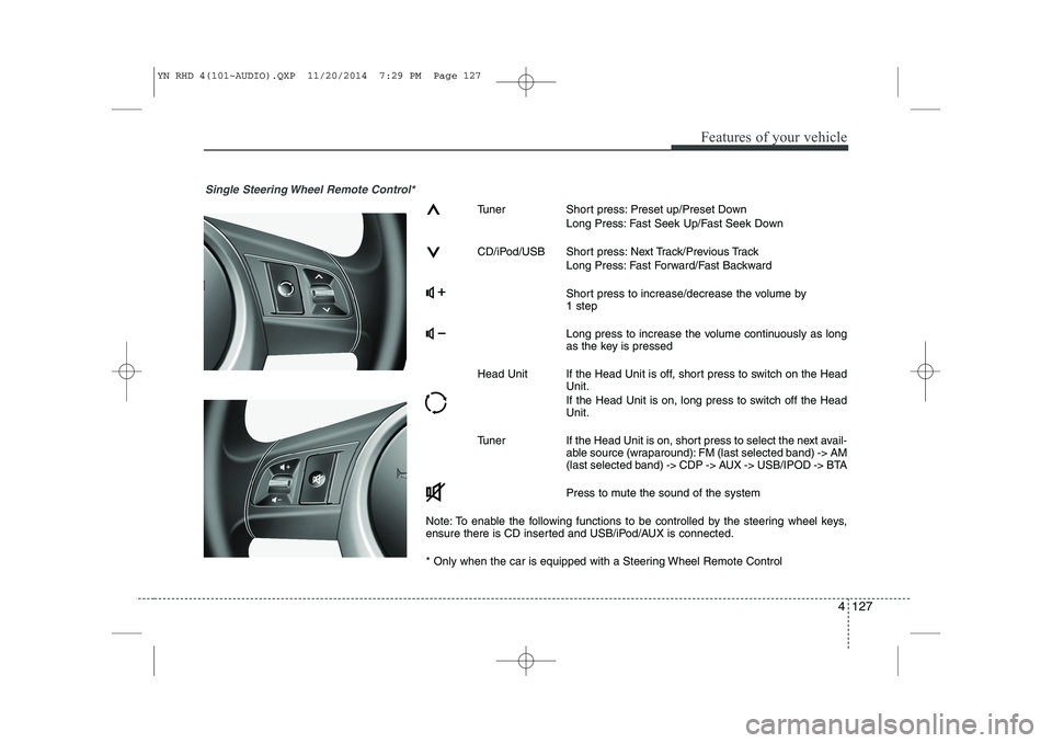 KIA VENGA 2015  Owners Manual 4 127
Features of your vehicle
Single Steering Wheel Remote Control*
Tuner Short press: Preset up/Preset DownLong Press: Fast Seek Up/Fast Seek Down
CD/iPod/USB Short press: Next Track/Previous Track 