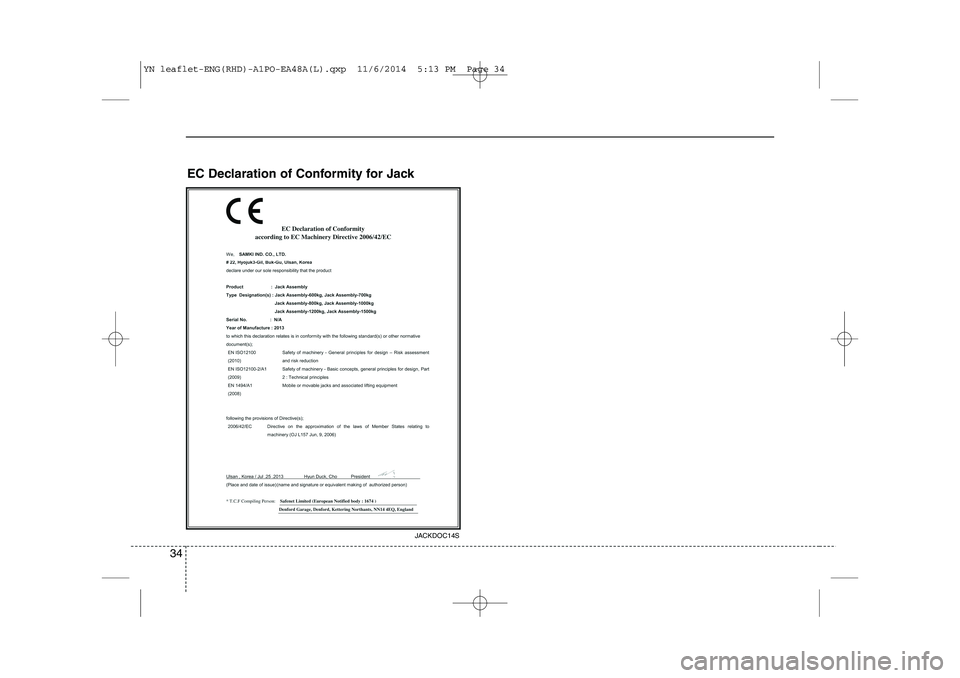 KIA VENGA 2015 Owners Guide 34
EC Declaration of Conformity for Jack
JACKDOC14S
YN leaflet-ENG(RHD)-A1PO-EA48A(L).qxp  11/6/2014  5:13 PM  Page 34  